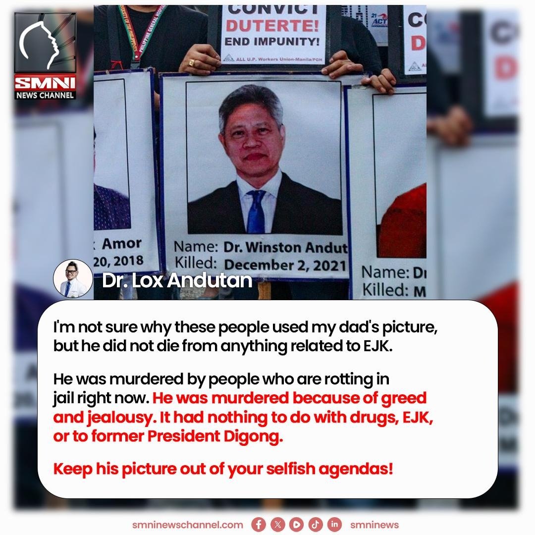 smninews's tweet photo. KEEP HIS PICTURE OUT OF YOUR SELFISH AGENDAS!

Kinondena ni Dr. Lox Andutan ang ‘di makatarungang paggamit sa larawan ng kanyang ama na si Dr. Winston Andutan, na wala namang kinalaman sa dr*ga, EJK, o kay dating Pangulong Rodrigo Duterte. https://t.co/OBhNkWiZbd