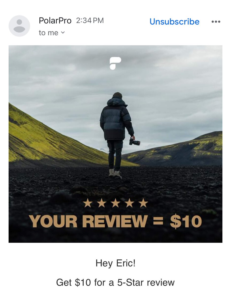 ericshaver's tweet photo. I like @PolarProUSA products. But hate their marketing. Paying for a 5 star review? Very unprofessional. https://t.co/buVvjO639V