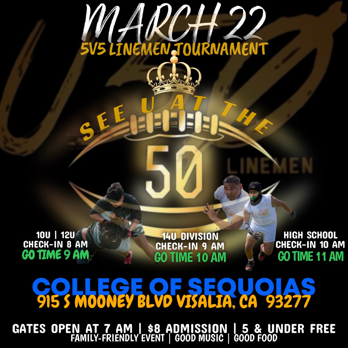 U5Ø_Linemen (@u50_linemen) on Twitter photo Thank you <a href="/COSGIANTS_FB/">COS Giants Football</a> & <a href="/Coach_Mendonca/">Coach Mendonca</a> for having us host our 4th Annual 5-ON-5 Linemen Tournament! Linemen 5V5 Programs from NorCal, SoCal, CenCal, Hawaii, Nevada, etc will compete for the prestigious King of The Line of Scrimmage… Thank you <a href="/COSGIANTS_FB/">COS Giants Football</a> & <a href="/Coach_Mendonca/">Coach Mendonca</a> for having us host our 4th Annual 5-ON-5 Linemen Tournament! Linemen 5V5 Programs from NorCal, SoCal, CenCal, Hawaii, Nevada, etc will compete for the prestigious King of The Line of Scrimmage…