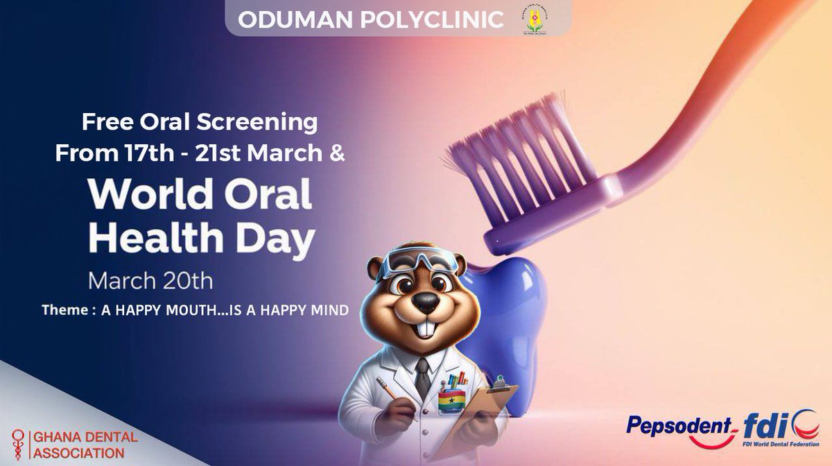 Free oral screening… in celebration of World Oral Health Day 
Mon - Joma
Tue - Obeyeyie 
Wed - Akramaman 
Thur - Oduman
Fri - Nsakina 

<a href="/theGDAonline/">Ghana Dental Associa</a>  
<a href="/Pepsodent_ghana/">Pepsodent Ghana</a> 
#WorldOralHealthDay #GhanaDentalAssociation #EverySmileMatters
#WOHDGDA25
#FDI 
#GDA
