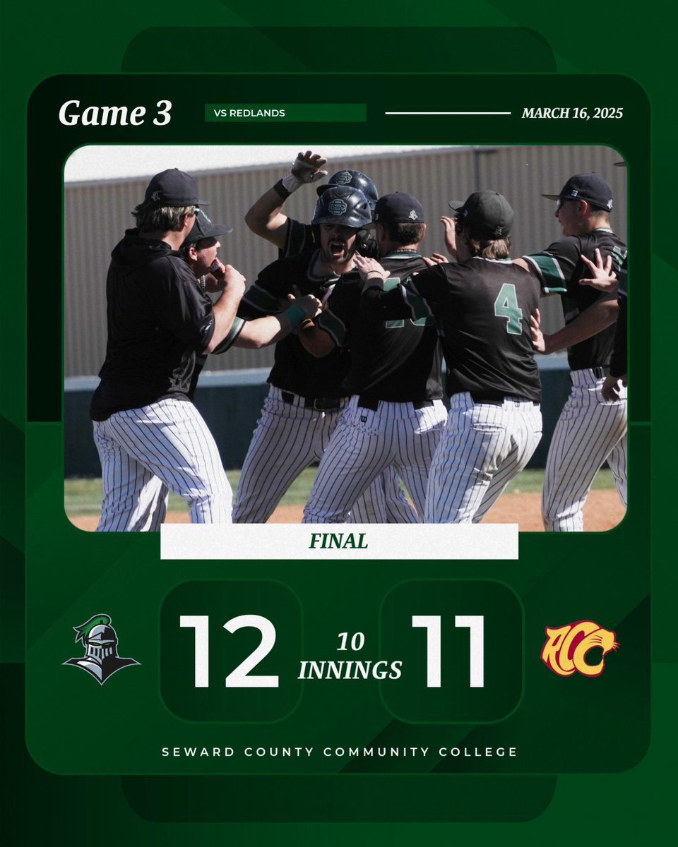 BSB: Jackson Phillips wins it for Seward with a three-run, walkoff double in the 10th inning over Redlands in the game three. #GoodToBeGreen #SCCCSaints #GoSaints