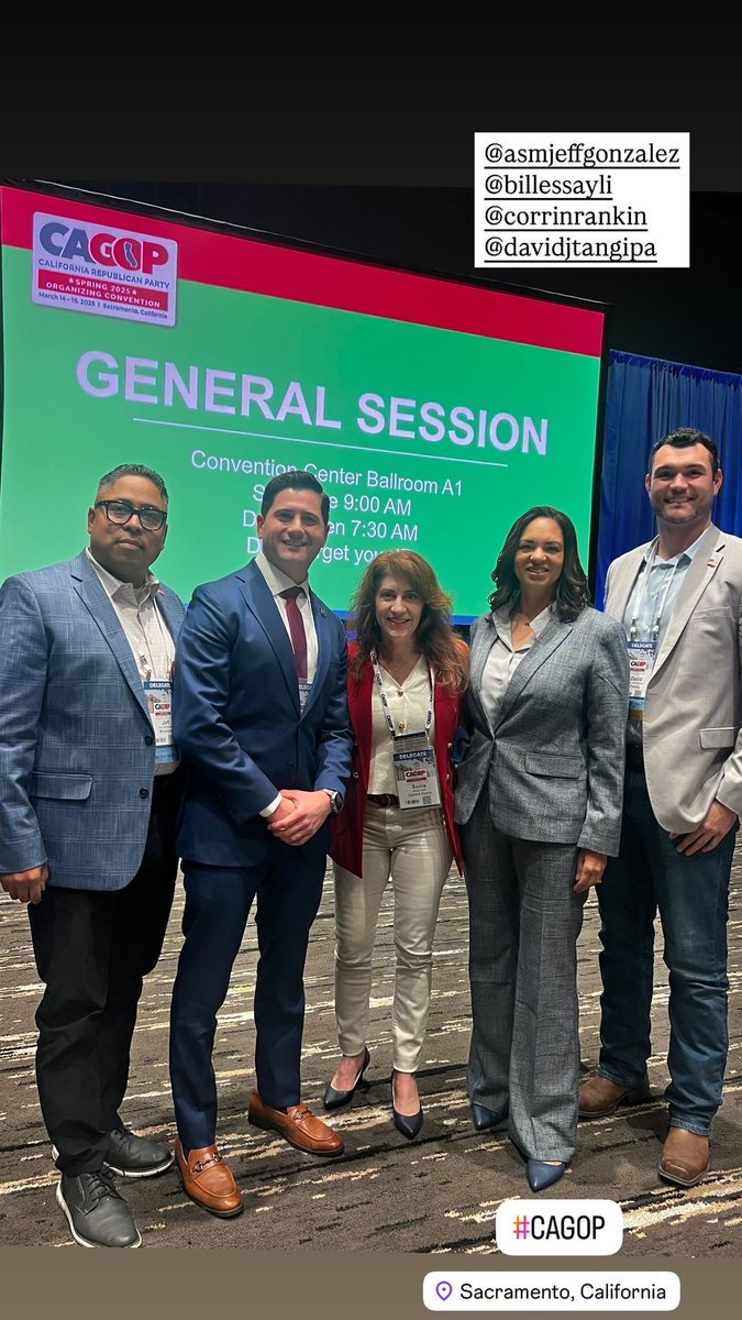 SoniaCalifornia's tweet photo. Here I am in the middle of #teamamazing at the CAGOP convention. Left to right:
@AsmJeffGonzalez @billessayli @CorrinRankin @DavidTangipa
Blessed to be part of a historical time with Corrin Rankin leading the way as our new @CAGOP chairwoman, and the @AsmRepublicans leading the fight against the Supermajorityโs extreme left radicalism. #thankyou
๐บ๐ธMAKE CALIFORNIA RED AGAIN๐บ๐ธ
#getinvolved #volunteer #doyourpart