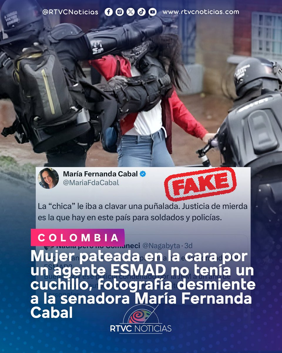 RTVCnoticias's tweet photo. 🚨ATENCIÓN: RTVC Noticias desmiente los señalamientos de la senadora @MariaFdaCabal contra la mujer que fue violentada por un agente del ESMAD y que fue pateada en su rostro, la joven no portaba un cuchillo en el momento del confrontamiento según fotografías tomadas por Héctor Fabio Zamora (QEPD) en el año 2019, como lo afirmó Cabal.

Recientemente el uniformado habría sido condenado a doce (12) meses de prisión como autor responsable del delito de lesiones personales, según la sentencia de la Justicia Penal Militar (JPM).