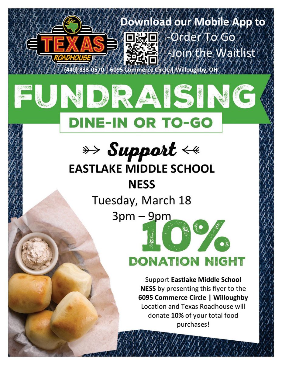 Don't forget about our dine to donate at Texas Roadhouse THIS TUESDAY 3/18 from 3-9pm!  

Show this flyer when dining in or picking up carryout and 10% of your food purchase will go towards our 14th annual NESS dance at Eastlake Middle School 🌟💃🏻🕺🏻🌠