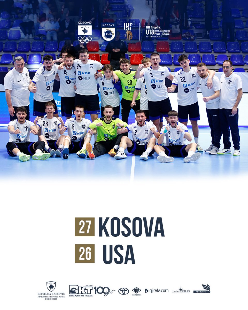 One step away from HISTORY! ✨

Our 🇽🇰 U18 handball team defeated USA 🇺🇸 and will play the FINAL tomorrow against Nigeria 🇳🇬! A victory would secure a spot in the World Championship! 🔥🇽🇰 💪

 #Kosova #Handball #IHF