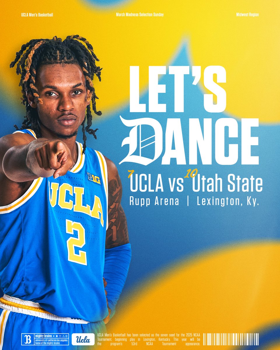 𝐍𝐂𝐀𝐀 𝐓𝐎𝐔𝐑𝐍𝐀𝐌𝐄𝐍𝐓-𝐁𝐎𝐔𝐍𝐃 𝐁𝐑𝐔𝐈𝐍𝐒‼️

No. 7-seed UCLA (22-10) will face 10-seed Utah State (26-7) in a first-round showdown this Thursday in Lexington, Ky.

#GoBruins