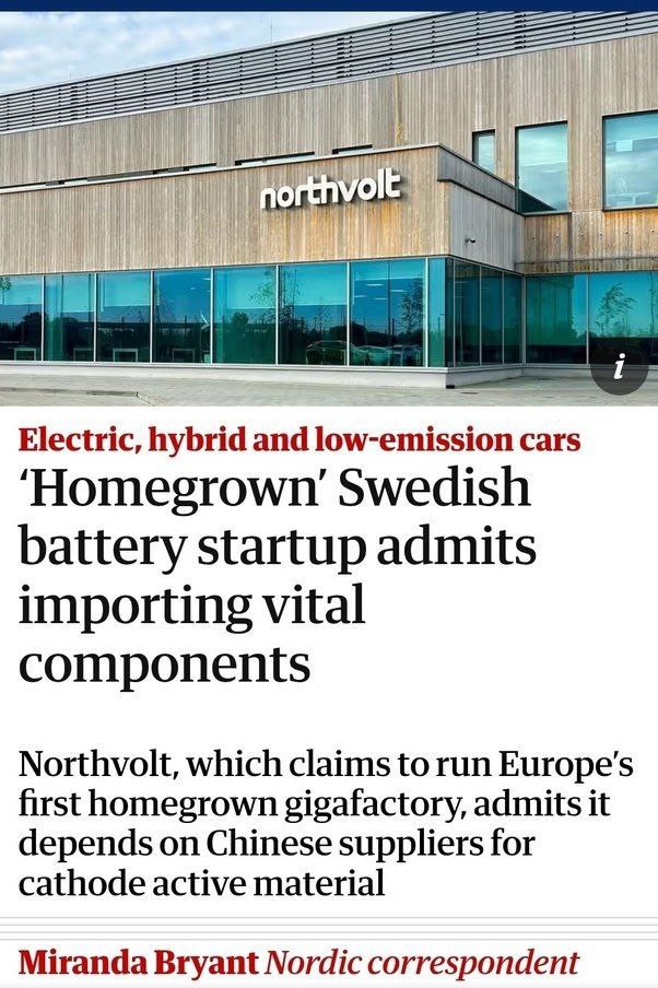 Шведская компания Northvolt, 10 лет производившая супербатареи для зелёной энергетики, разорилась, оставив €15 млрд долгов. Оказалось, что батареи, которые якобы производились модным стартапом, банально покупались в Китае. А он ввел санкции. И всё.