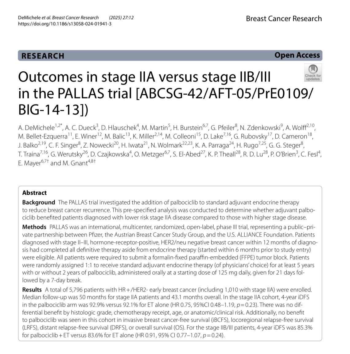 PALLAS trial, important information about prognostic in stage IIA vs IIB/III RH+ early breast cancer. 

👉 pubmed.ncbi.nlm.nih.gov/39849600/