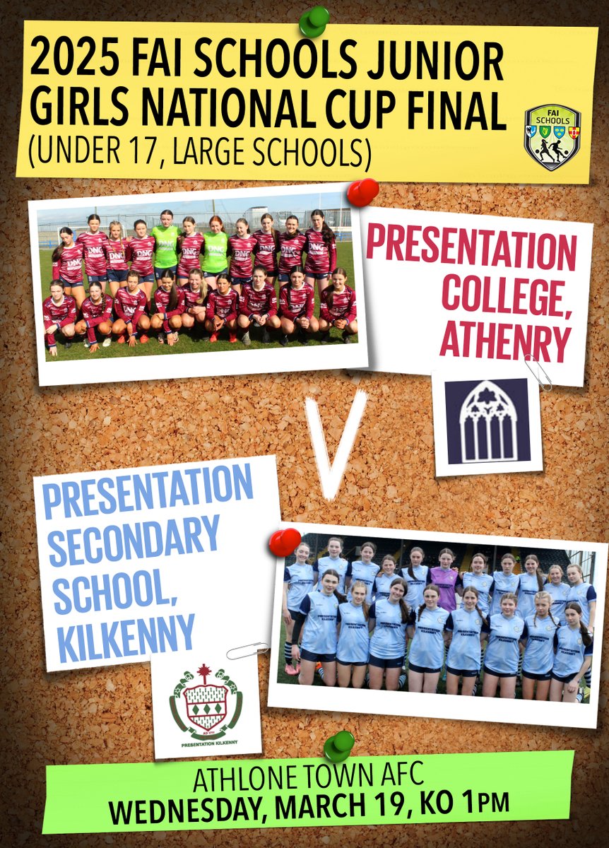 FAI Schools (@faischools) on Twitter photo ๐ | FAI Schools Junior Girls National Cup Final
๐ | Under 17, Large Schools
๐๏ธ | M A T C H D A Y
๐ซ | <a href="/PresAthenry/">Pres College Athenry</a> ๐ <a href="/PresKilkenny/">Presentation Secondary, Kilkenny</a>
๐ | Wednesday, March 19, 2025
โฐ | 1pm
๐ | <a href="/AthloneTownAFC/">Athlone Town AFC</a>
๐๏ธ | โฌ5 adult, โฌ2 student (cash)
๐ป | Stream available
๐ | #JuniorGirlsCup ๐ | FAI Schools Junior Girls National Cup Final
๐ | Under 17, Large Schools
๐๏ธ | M A T C H D A Y
๐ซ | <a href="/PresAthenry/">Pres College Athenry</a> ๐ <a href="/PresKilkenny/">Presentation Secondary, Kilkenny</a>
๐ | Wednesday, March 19, 2025
โฐ | 1pm
๐ | <a href="/AthloneTownAFC/">Athlone Town AFC</a>
๐๏ธ | โฌ5 adult, โฌ2 student (cash)
๐ป | Stream available
๐ | #JuniorGirlsCup