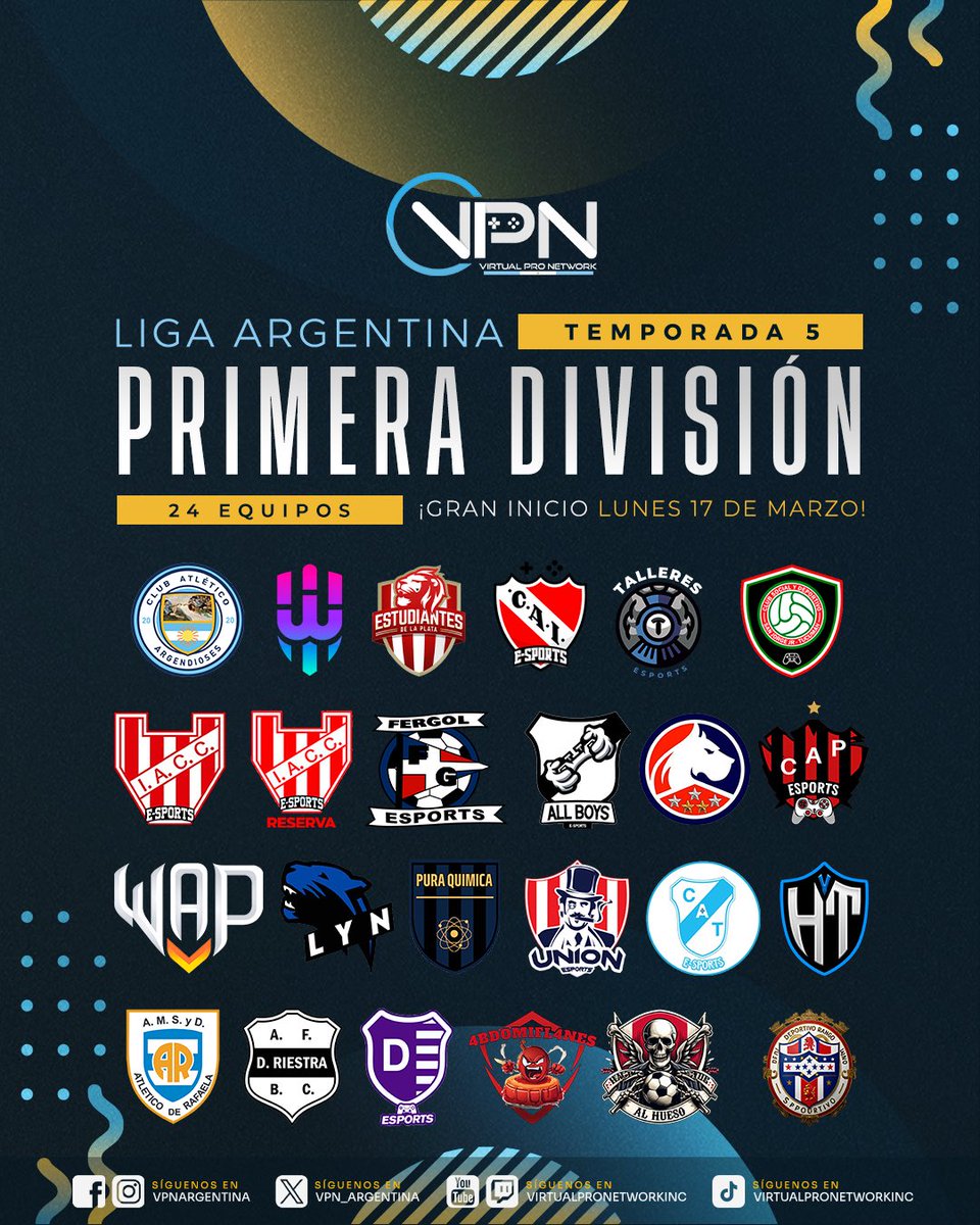 ⚽ ¡Bienvenidos a la Primera División de la Liga Argentina en VPN! 🔥

La máxima categoría del fútbol virtual argentino arranca con 24 equipos listos para competir al más alto nivel. Cada club, cada jugador y cada partido serán clave en la lucha por la gloria.

🏆 ¿Quién logrará
