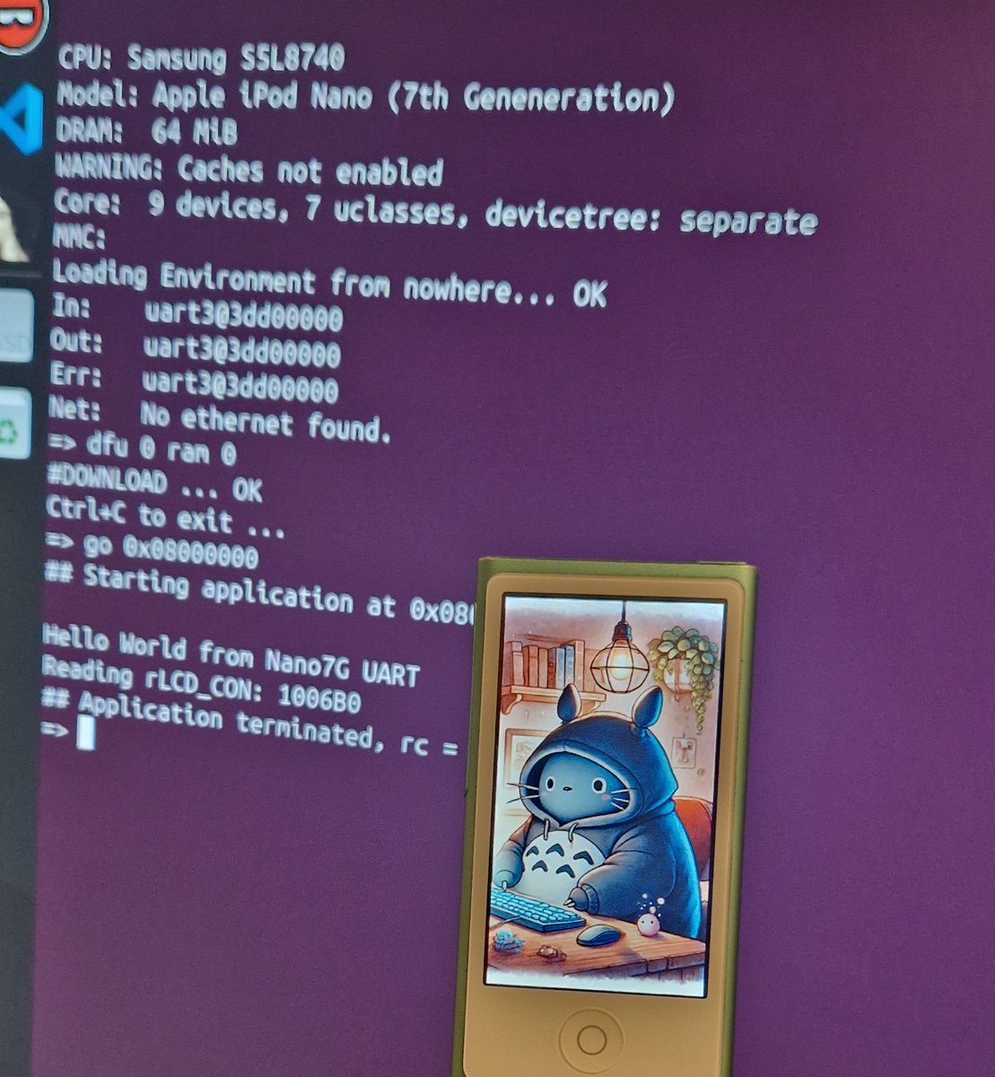 Getting some earlyprintk going for the iPod Nano7 after I managed to get USB working on U-Boot. Also figured enough of the LCD controller to draw on the screen.
This is all thanks to previous work by q3k :)