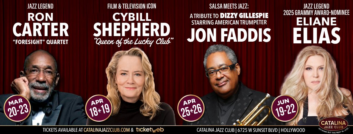 #HotTicket 🔥 Join us in Hollywood!

+ MAR 20 - 23 - RON CARTER 

+ APR 18 &amp; 19 - CYBILL SHEPHERD

+ APR 25 &amp; 26 - JON FADDIS

+ JUN 19-22 - ELIANE ELIAS

Get Your Tickets! Online at CatalinaJazzClub.com

#CybillShepherd #JonFaddis #ElianeElias #RonCarter #Broadway #Folk