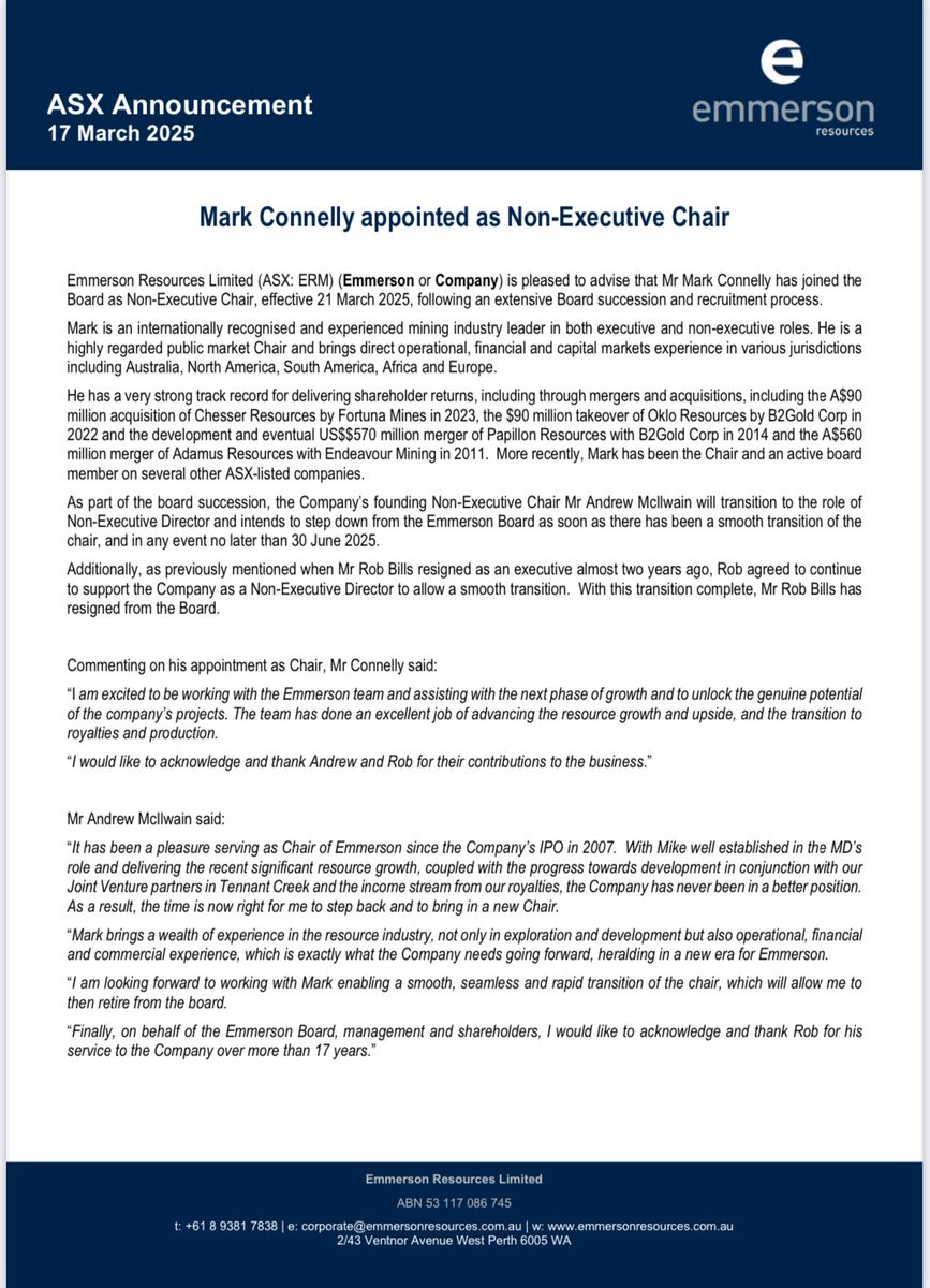 AlexSundich's tweet photo. ⁦@Emmerson_ERM⁩ $ERM has announced👇gold industry veteran Mark Connelly as new Chairman. Positive news for shareholders! #gold #goldmining #resources https://t.co/KtWxUj1yc4