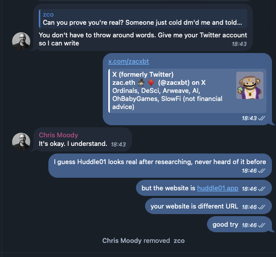 was just targeted by a scam by <a href="/_johnsonator/">Nia 🪩</a>

she invited me to a small tg group and tried to get me to DL a voice chat app named <a href="/huddle01com/">Huddle01 (battle arc ⚔️)</a> to join a call w/ <a href="/FoundryVC/">Foundry</a> but the URL was off...

luckily i googled the name