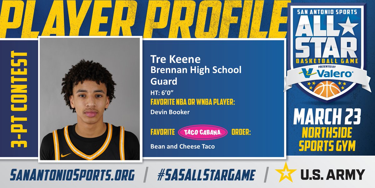 San Antonio Sports (@sa_sports) on Twitter photo Meet @trenotrae from <a href="/NISDBrennan/">Brennan High School</a> who will compete in the San Antonio Sports All-Star 3-Point Contest pres. by <a href="/ValeroEnergy/">Valero</a> at the Northside Sports Gym on March 23rd! #SASAllStarGame #BeAllYouCanBe <a href="/TacoCabana/">Taco Cabana</a> <a href="/ArmySanAntonio/">GoArmy San Antonio</a> <a href="/DevinBook/">Book</a>
<a href="/Brennan_BBall/">Brennan Boys Basketball</a>
<a href="/CoachKoty/">Koty Cowgill</a> Meet @trenotrae from <a href="/NISDBrennan/">Brennan High School</a> who will compete in the San Antonio Sports All-Star 3-Point Contest pres. by <a href="/ValeroEnergy/">Valero</a> at the Northside Sports Gym on March 23rd! #SASAllStarGame #BeAllYouCanBe <a href="/TacoCabana/">Taco Cabana</a> <a href="/ArmySanAntonio/">GoArmy San Antonio</a> <a href="/DevinBook/">Book</a>
<a href="/Brennan_BBall/">Brennan Boys Basketball</a>
<a href="/CoachKoty/">Koty Cowgill</a>