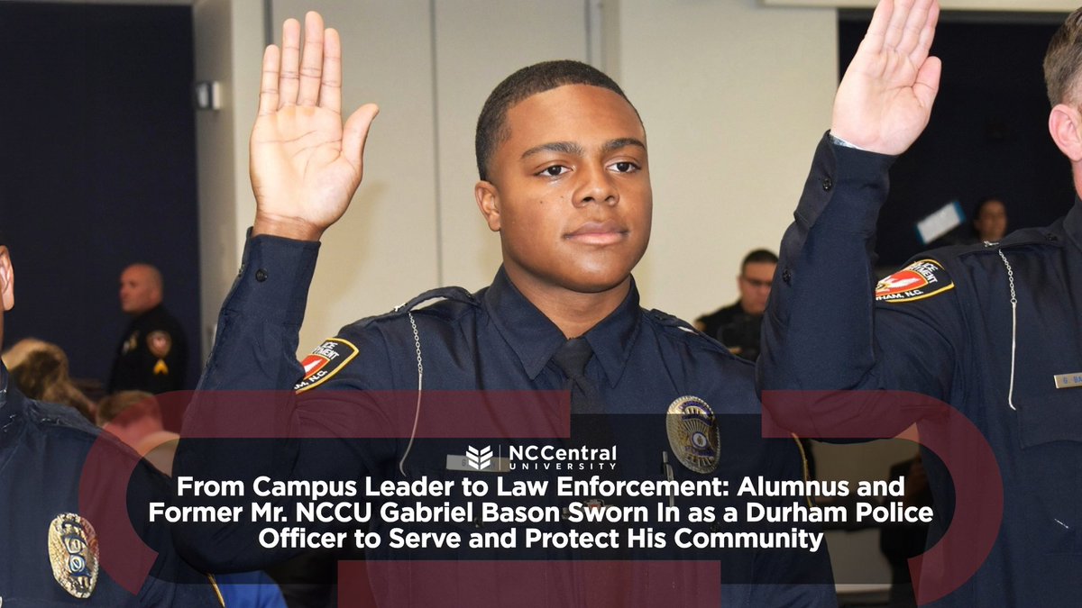 NCCU's tweet photo. #NCCUAlumni | Congratulations to NCCU alumnus and former #MisterNCCU, Gabriel Bason '24, on being sworn in as a Durham Police Officer. As an officer of the law, he is poised to make a positive impact on the greater Durham community.
#EaglePride #WeAreNCCU #NCCUCriminalJustice https://t.co/XIMMFhqdZX