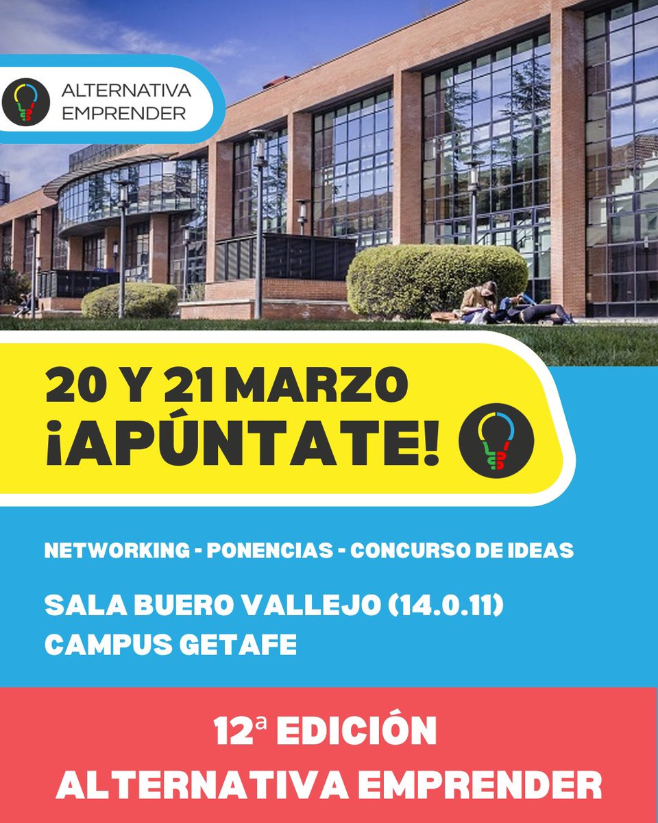 12ª edición de ALTERNATIVA EMPRENDER 💡

¡Apúntate! 🚀 alternativaemprender.com/evento/

📍 Sala Buero Vallejo (14.0.11), Campus de Getafe de la <a href="/uc3m/">UC3M</a> 

#Startups #AlternativaEmprender #AE12 #IdeasDeNegocio #Innovación #UC3M #UniversidadCarlosIIIDeMadrid #IdeasDeNegocio #IDEAE