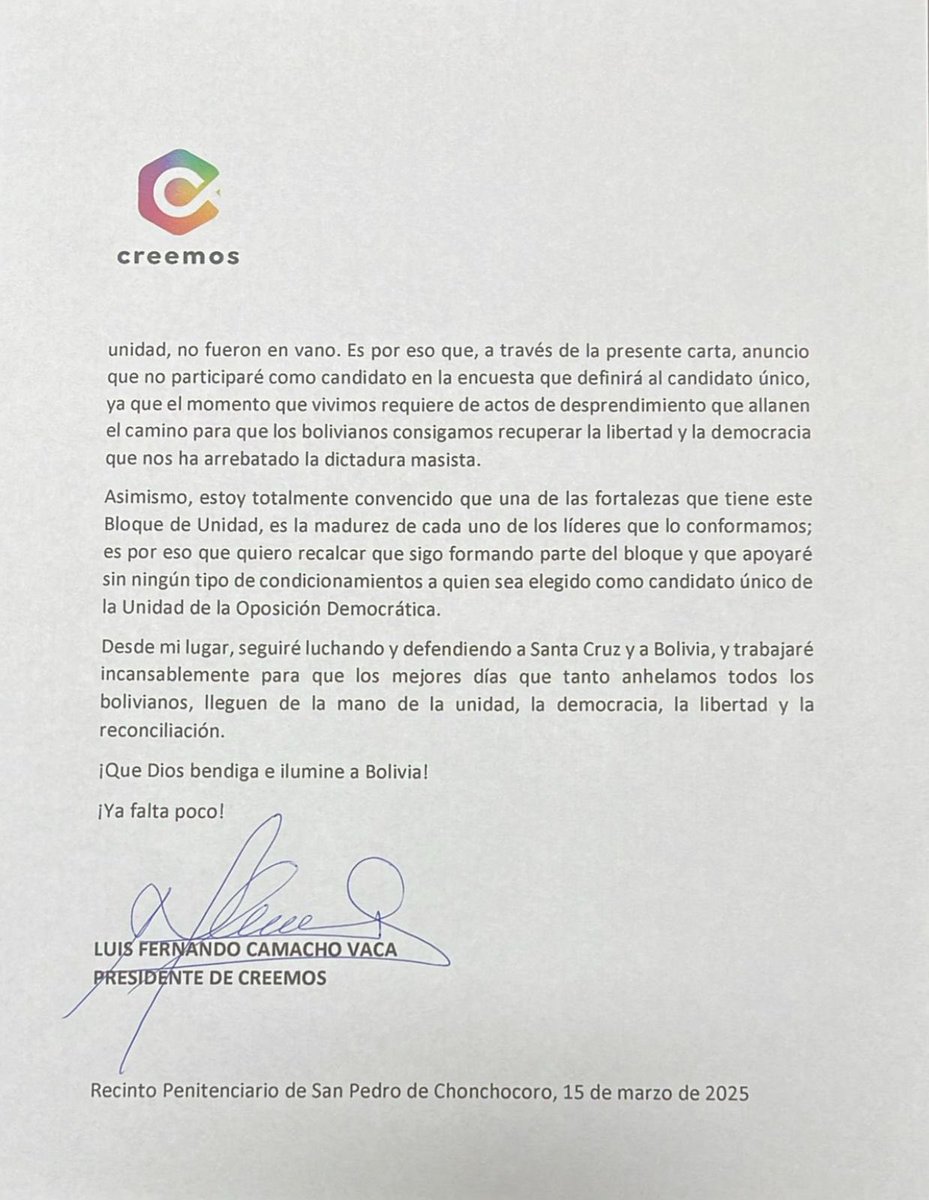 Querido pueblo boliviano:

El pasado 18 de diciembre de 2024 anunciamos públicamente la conformación de un Bloque de Unidad, como respuesta a la demanda de la gran mayoría de la población boliviana, que exigía que la oposición democrática de nuestro país se una para ir a las