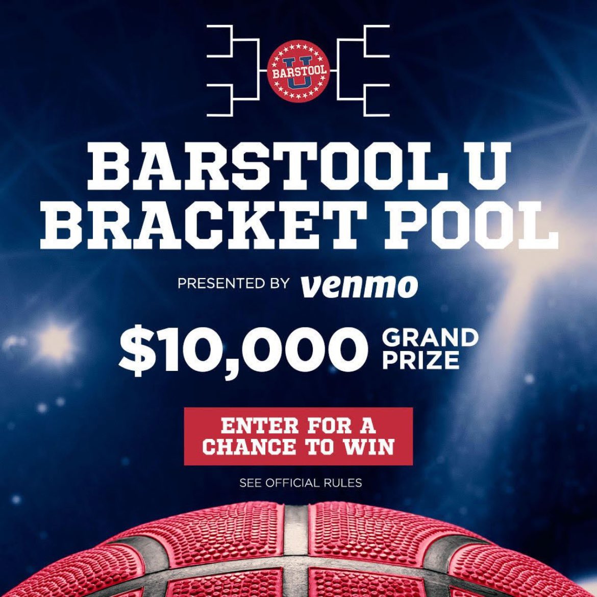 🚨The Barstool U Bracket Challenge is
HERE 🚨

We've teamed up with Venmo to giveaway $10,000 to the winner of this year's Bracket Pool!*
No perfect bracket needed-just conquer the field. Think you know ball this March? Enter NOW through the link in our bio or story!