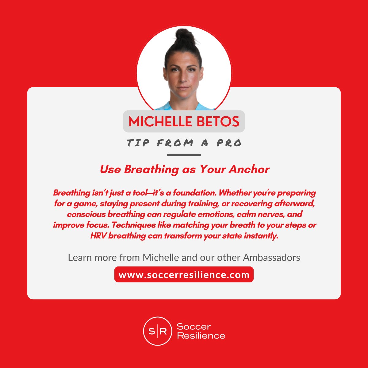 Soccer Resilience (@soccerresilient) on Twitter photo ๐ก Pro Tip from Soccer Resilience Ambassador <a href="/MichelleBetos/">Michelle Betos</a>:
"Use Breathing as Your Anchor." โ๏ธโฝ๏ธ
When pressure rises, your breath can ground you and boost your performance. Breathe deep, stay focused, and anchor yourself in the present.
#ProTip #MentalResilience ๐ก Pro Tip from Soccer Resilience Ambassador <a href="/MichelleBetos/">Michelle Betos</a>:
"Use Breathing as Your Anchor." โ๏ธโฝ๏ธ
When pressure rises, your breath can ground you and boost your performance. Breathe deep, stay focused, and anchor yourself in the present.
#ProTip #MentalResilience