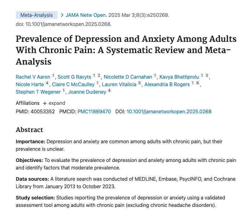 eCentreClinic (@ecentreclinic1) on Twitter photo 🚨IN PRESS | Congrats to Dr <a href="/jodudeney/">Jo Dudeney</a> whose #metaanalysis found ~40% of adults w chronic #pain also have #anxiety or #depression. These rates point to a critical need to treat #mentalhealth alongside chronic pain.
pubmed.ncbi.nlm.nih.gov/40053352/
<a href="/JAMANetworkOpen/">JAMA Network Open</a>
<a href="/PsyMQ/">PSYCHSCIENCES@MQ</a>
<a href="/Lifespan_MQ/">Lifespan Health & Wellbeing Research Centre</a> 🚨IN PRESS | Congrats to Dr <a href="/jodudeney/">Jo Dudeney</a> whose #metaanalysis found ~40% of adults w chronic #pain also have #anxiety or #depression. These rates point to a critical need to treat #mentalhealth alongside chronic pain.
pubmed.ncbi.nlm.nih.gov/40053352/
<a href="/JAMANetworkOpen/">JAMA Network Open</a>
<a href="/PsyMQ/">PSYCHSCIENCES@MQ</a>
<a href="/Lifespan_MQ/">Lifespan Health & Wellbeing Research Centre</a>