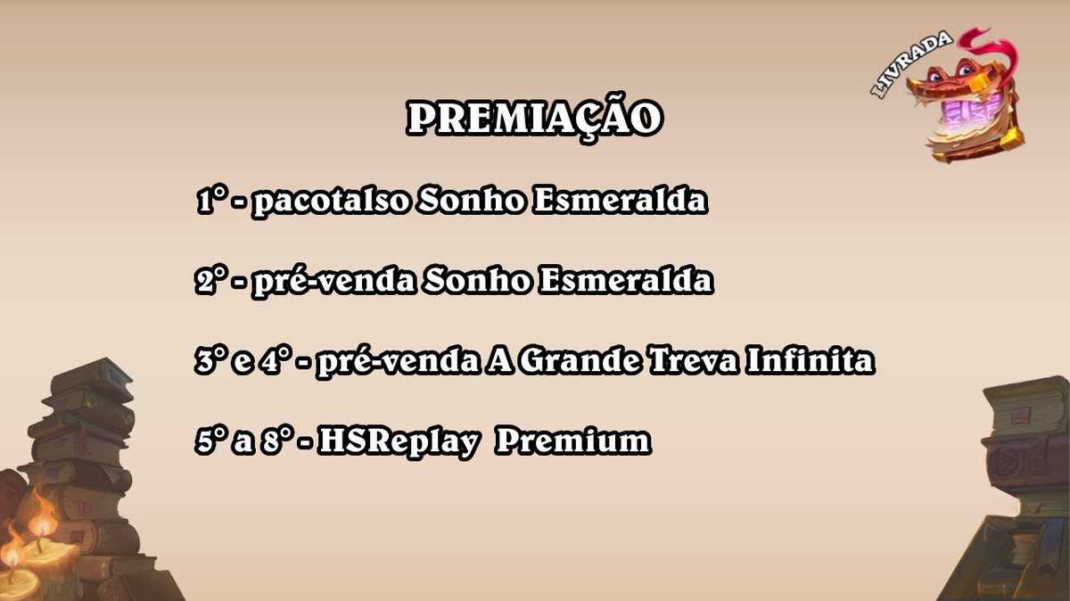 Muito obrigado por terem colado! Deu xabu no OBS, crashamos mas voltamos firmes e fortes pra Livrada! 📚

🥇 <a href="/FledHS/">Davi Garcia</a> 
🥈 <a href="/HSjheickweiss/">Jheick</a> 
🥉 <a href="/lucasdmnasc_HS/">Lucas DM</a> / <a href="/matheuselite2/">MatheusElite</a> (não rolou disputa de 3°)

Sem o apoio da <a href="/PlayHSBrasil/">Hearthstone 🇧🇷</a> e do <a href="/HSReplayNet/">HSReplay.net</a> isso não teria rolado