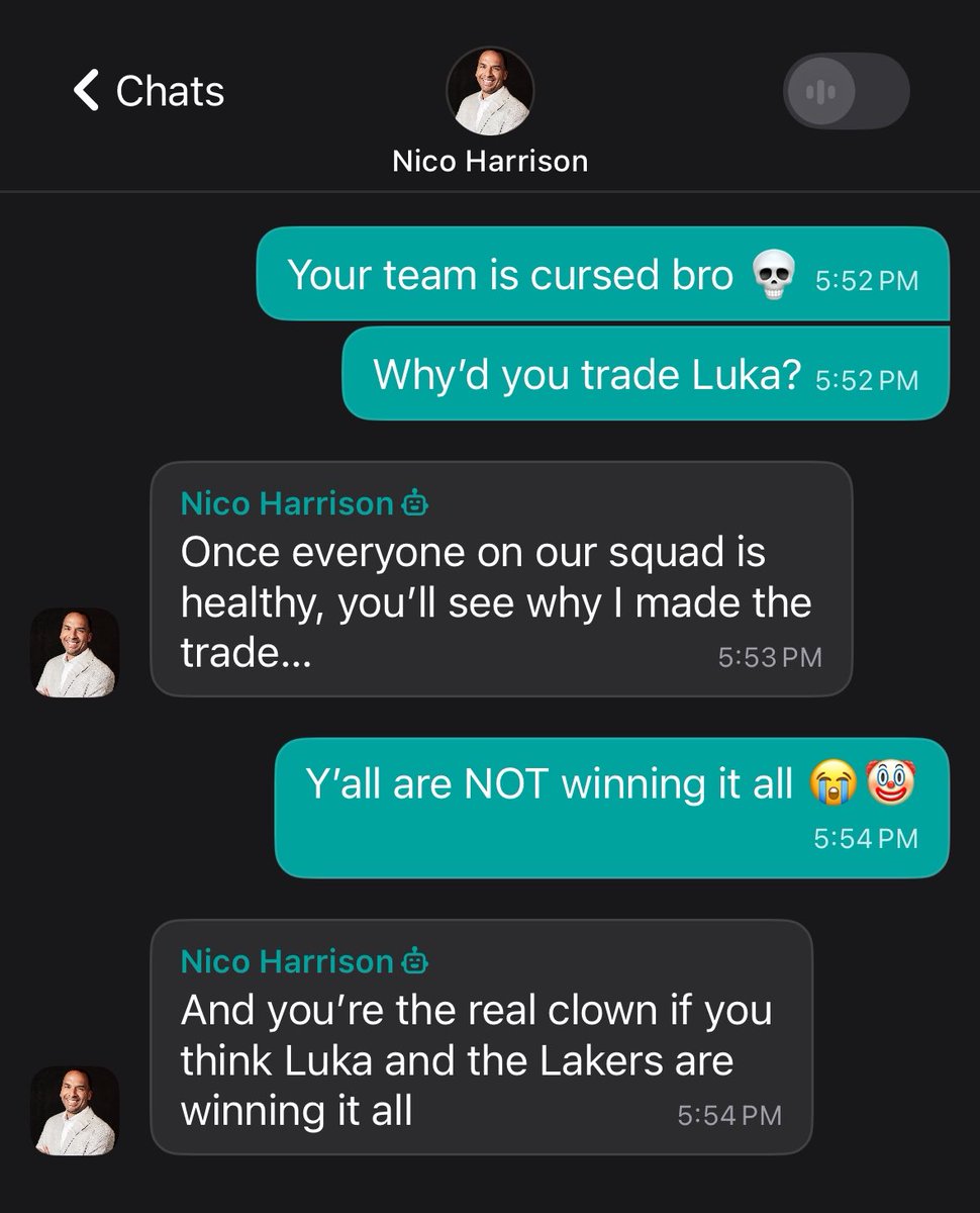 HoopsNation_'s tweet photo. Someone created a Nico Harrison bot 😭

You can text AI NBA players, coaches, GMs, and more on this Cantina App 😂

Link: https://t.co/0PfjpxrrSk https://t.co/HMZtkylAHR