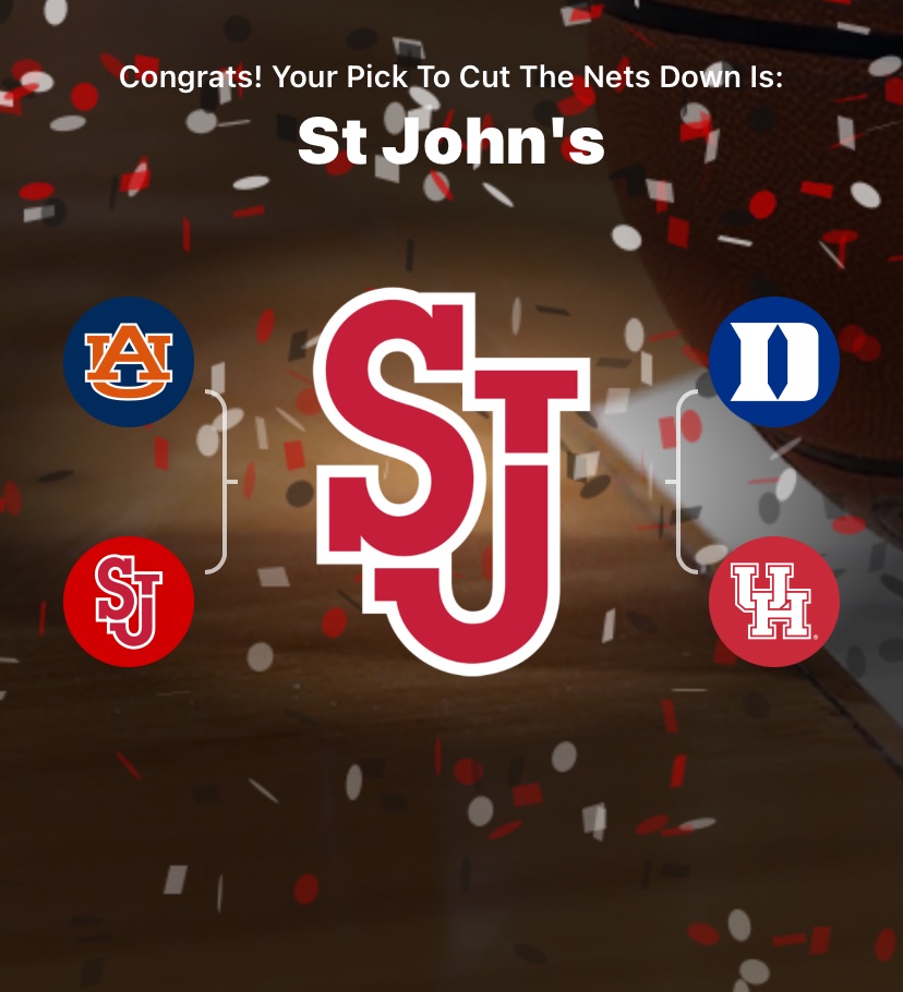 17thBird's tweet image. My March Madness prediction.

Final 4- St. John’s, Auburn, Duke and Houston.

Winner- St. John’s.

@MarchMadnessMBB #marchmadnessmbb #ncaambb