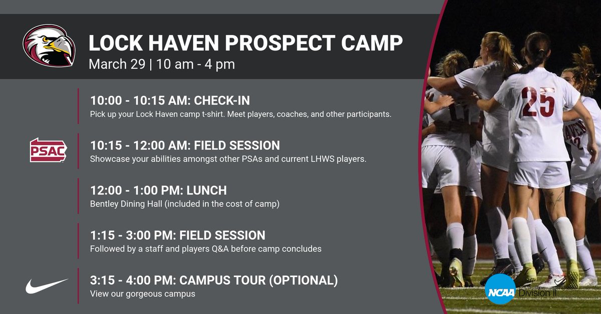 Less than 2 weeks away! $75 for a full day with Lock Haven Soccer. Register today:
lhuwomensoccer.totalcamps.com/About%20Us