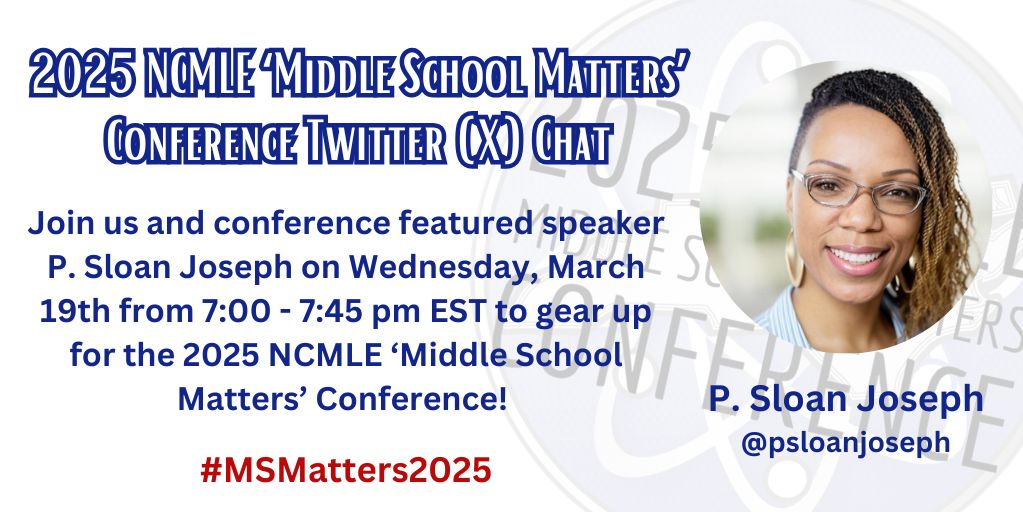 NCMLE 'Moving the Middle Forward' (@ncmiddle) on Twitter photo Join us Wednesday at 7:00 pm EST for a pre-conference Twitter (X) Chat with 2x conference featured speaker <a href="/psloanjoseph/">Sloan-Keynote Speaker, Workshop Facilitator</a>! 🤝
Make sure you are following <a href="/NCMiddle/">NCMLE 'Moving the Middle Forward'</a> and the hashtag #MSMatters2025.
See you then! 👋 Join us Wednesday at 7:00 pm EST for a pre-conference Twitter (X) Chat with 2x conference featured speaker <a href="/psloanjoseph/">Sloan-Keynote Speaker, Workshop Facilitator</a>! 🤝
Make sure you are following <a href="/NCMiddle/">NCMLE 'Moving the Middle Forward'</a> and the hashtag #MSMatters2025.
See you then! 👋