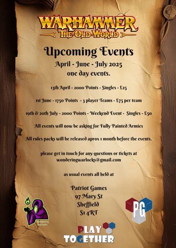 Our next load of events coming to you from <a href="/PatriotGamesLtd/">💙 Patriot Games ❤️</a> Sheffield! Get in touch for more info and tickets!

#WarhammerCommunity #TheOldWorld