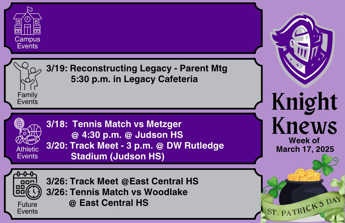 Legacy Middle School (@legacyecisd) on Twitter photo This week @ Legacy:
Tuesday: Tennis Match vs Metzger 4:30 pm @ Judson HS
Wednesday: Reconstructing Legacy Parent Meeting 5:30 pm in LMS cafeteria
Thursday: Track Meet 3 pm @ Judson HS (Rutledge Stadium)
<a href="/ECISDtweets/">East Central ISD</a> <a href="/Barbela9/">Dr. Lori Barber</a> This week @ Legacy:
Tuesday: Tennis Match vs Metzger 4:30 pm @ Judson HS
Wednesday: Reconstructing Legacy Parent Meeting 5:30 pm in LMS cafeteria
Thursday: Track Meet 3 pm @ Judson HS (Rutledge Stadium)
<a href="/ECISDtweets/">East Central ISD</a> <a href="/Barbela9/">Dr. Lori Barber</a>