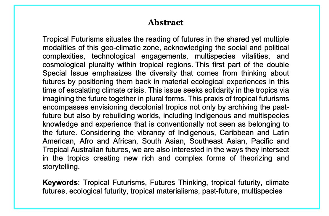 eTropic Journal (@etropicjournal) on Twitter photo Introduction Tropical Futurisms: Thinking Futures. Free journals.jcu.edu.au/ind.../etropic…
Editors Ysabel Muñoz, <a href="/juelinghu/">Jueling Hu</a> , <a href="/nsahmala1/">Nsah Mala (Kenneth Nsah, PhD)</a> & <a href="/DrAnitaLundberg/">Prof Anita Lundberg</a> on #tropicalfuturisms and #futuresthinking and how they intersect in the #tropics Introduction Tropical Futurisms: Thinking Futures. Free journals.jcu.edu.au/ind.../etropic…
Editors Ysabel Muñoz, <a href="/juelinghu/">Jueling Hu</a> , <a href="/nsahmala1/">Nsah Mala (Kenneth Nsah, PhD)</a> & <a href="/DrAnitaLundberg/">Prof Anita Lundberg</a> on #tropicalfuturisms and #futuresthinking and how they intersect in the #tropics