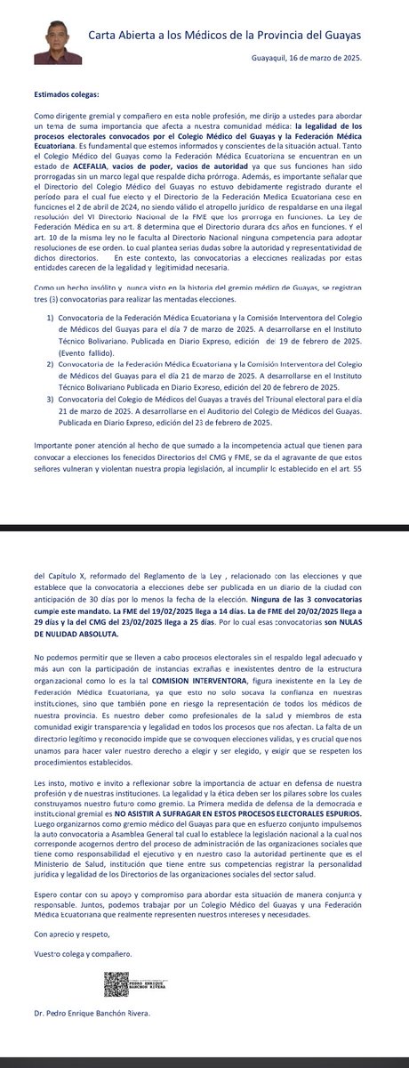 Urgente , Carta abierta al gremio médico del Guayas ante el llamado a elecciones ilegales e ilegítimas para renovar Directorio del Colegio de Médicos del Guayas.