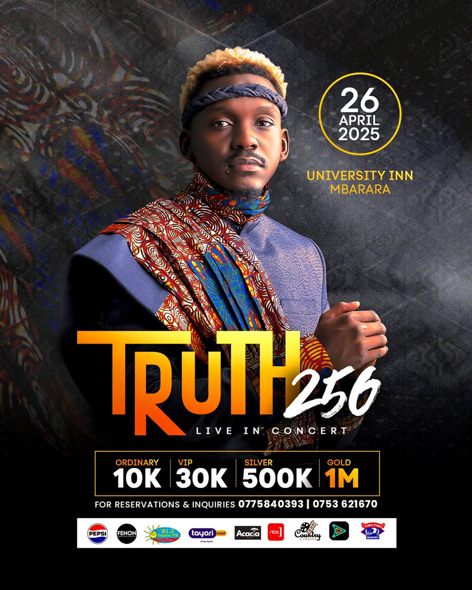 hamza_ybd's tweet photo. @Truth_256 Truth256 live in concert 26th.April.2025
sponsors and patterns welcome on board:
@pepsiuganda ✅ @fenonrecords ✅ @capitalfmuganda ✅ @tayariwesttv ✅ @nbstelevision ✅ @acaciacountryinnmbar✅ @afromobileug ✅ country cinema mbarara https://t.co/iY3YEteYpu