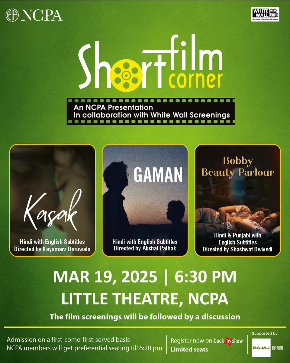 White Wall Screenings (@wwscreenings) on Twitter photo Watch handpicked shorts followed by QnA with the crew. This Wednesday, at the Little Theatre <a href="/NCPAMumbai/">NCPA Mumbai</a>. ENTRY FREE
RSVP HERE
in.bookmyshow.com/events/short-f…
PS: Seating is on first come first served basis. Please reach the venue atleast 45 mins prior to the event to avail a seat! Watch handpicked shorts followed by QnA with the crew. This Wednesday, at the Little Theatre <a href="/NCPAMumbai/">NCPA Mumbai</a>. ENTRY FREE
RSVP HERE
in.bookmyshow.com/events/short-f…
PS: Seating is on first come first served basis. Please reach the venue atleast 45 mins prior to the event to avail a seat!