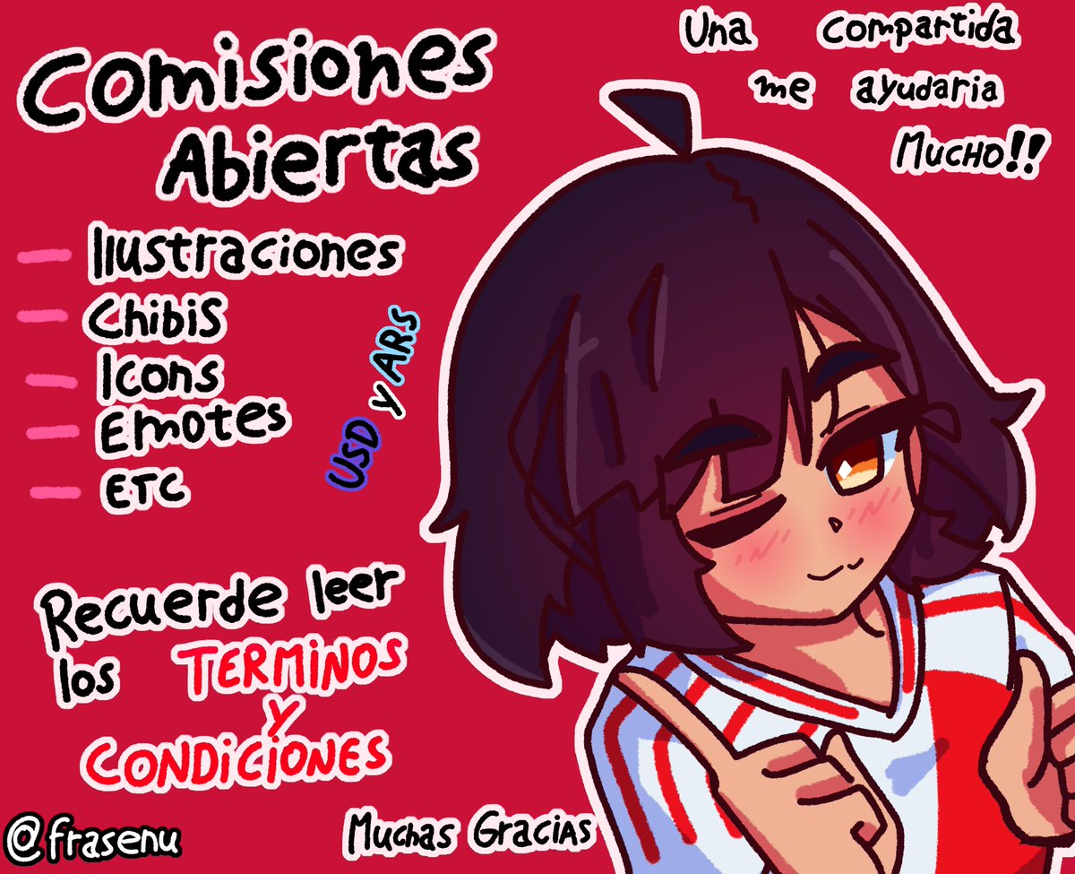 Frasenu's tweet image. ✨✨COMISIONES ABIERTAS ✨✨
Estaré tomando comisiones de distintas áreas uvu
Acepto Paypal y PESOS ARGENTINOS🇦🇷 (por medio de transferencia)
-Consulte por MD como abonar en pesos-
Les dejare los Términos y Condiciones en el primer comentario
#OpenCommissions #ComisionesAbiertas