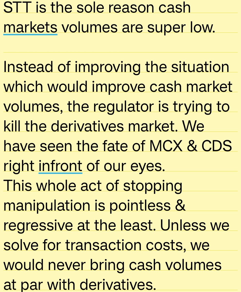 PRAFULKULKARN18's tweet image. STT- The evilest taxform in India.

Not only is STT redundant coz of existing LTCG @ 12.5%, but it&apos;s not letting Indian capital markets to mature.

Coz of high STT &amp;amp; transaction costs,cash market liquidity is so thin,which makes derivatives seem disproportionate &amp;amp; manipulated