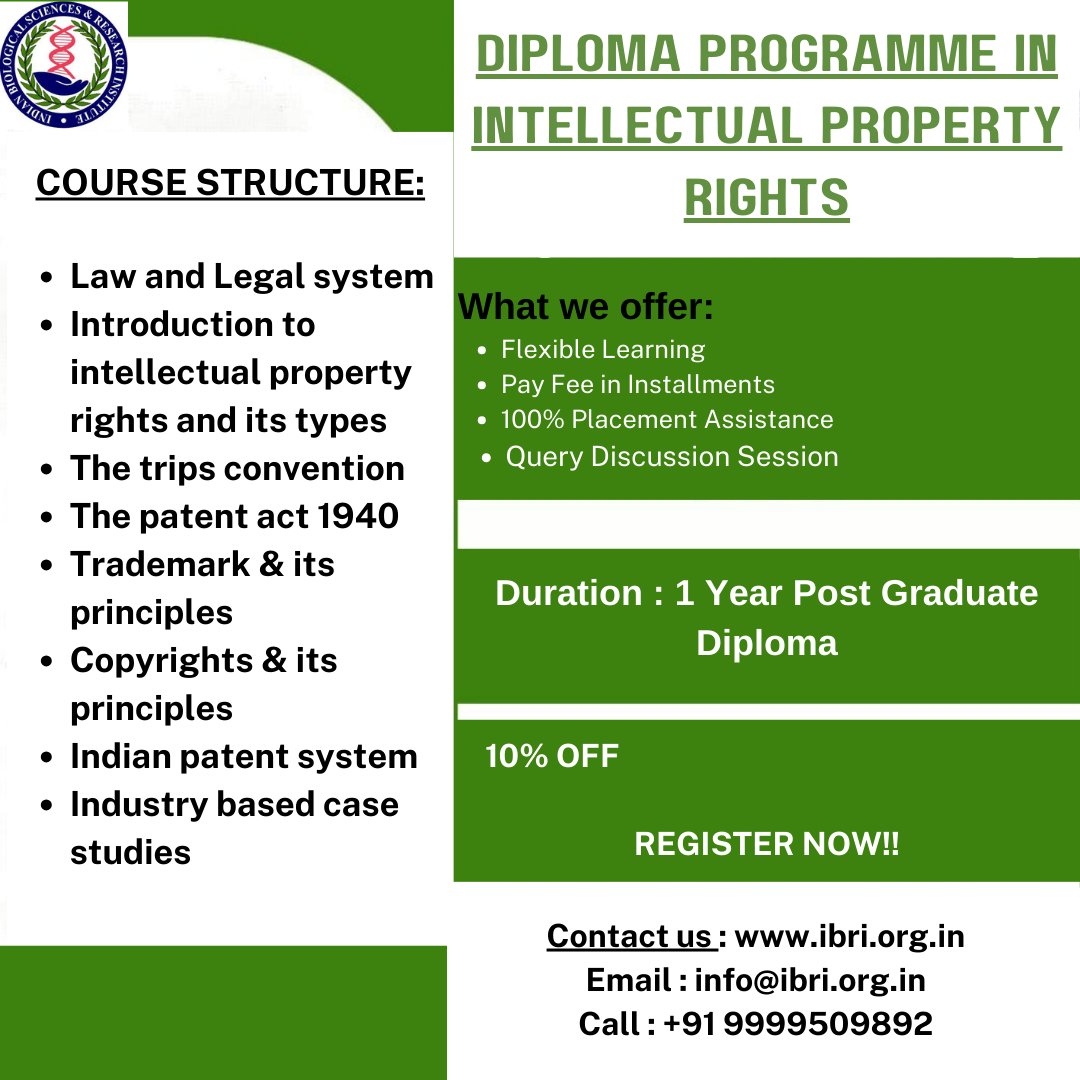 NoidaIbri's tweet photo. Protect your ideas & creations!๐Enroll in our Executive Diploma in Intellectual Property Rights. Turn your creativity into your strongest asset!๐Register now: https://t.co/uvZLByZVML Query?๐งinfo@ibri.org.in๐+91 9999509892 #IPR #DiplomaCourse #IPRLaw #IdeaProtection #IBRINoida https://t.co/8uebpkiww8