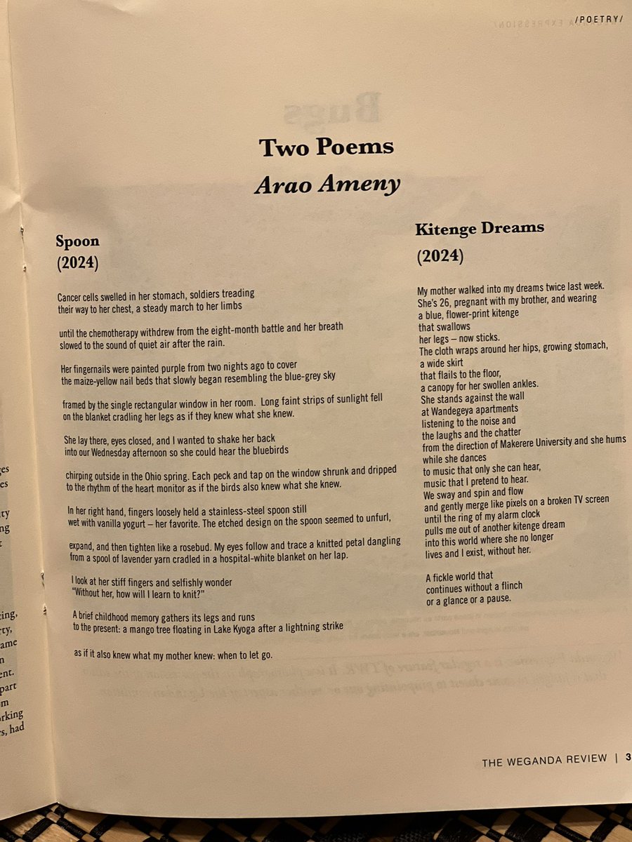Arao AMENY | Nya Lango - Daughter of Lango (@araoameny) on Twitter photo Book mail from Kampala, Uganda.
Honored to have two poems “Spoon” and “Kitenge Dreams” published in issue 7 of The <a href="/WegandaReview/">The Weganda Review</a>.
Thank you to Associate Editor Ber Anena & Editor-in-Chief Rodney Muhumuza for this opportunity & privilege.
Read it here: bit.ly/AraoAmeny Book mail from Kampala, Uganda.
Honored to have two poems “Spoon” and “Kitenge Dreams” published in issue 7 of The <a href="/WegandaReview/">The Weganda Review</a>.
Thank you to Associate Editor Ber Anena & Editor-in-Chief Rodney Muhumuza for this opportunity & privilege.
Read it here: bit.ly/AraoAmeny