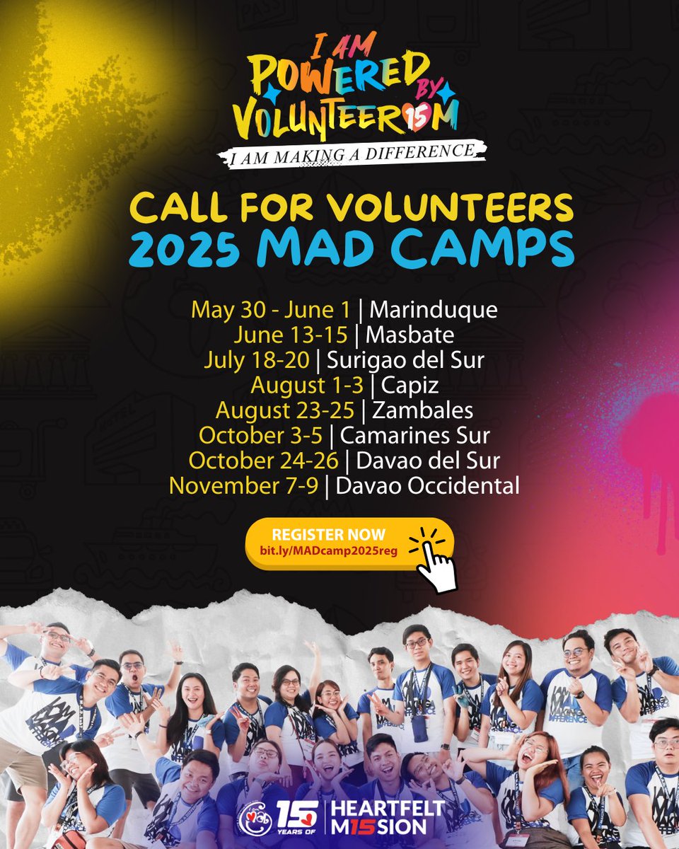 iammad_ph's tweet photo. 𝗧𝗵𝗶𝘀 𝟮𝟬𝟮𝟱, 𝗴𝗶𝘃𝗲 𝘆𝗼𝘂𝗿 𝘁𝗶𝗺𝗲, 𝗵𝗲𝗮𝗿𝘁, 𝗮𝗻𝗱 𝗲𝗻𝗲𝗿𝗴𝘆 𝘁𝗼 𝗮 𝗴𝗿𝗲𝗮𝘁𝗲𝗿 𝗽𝘂𝗿𝗽𝗼𝘀𝗲! Be part of our 𝟮𝟬𝟮𝟱 𝗠𝗔𝗗 𝗖𝗮𝗺𝗽𝘀 and celebrate 𝟭𝟱 𝘆𝗲𝗮𝗿𝘀 𝗼𝗳 𝗵𝗲𝗮𝗿𝘁𝗳𝗲𝗹𝘁 𝗺𝗶𝘀𝘀𝗶𝗼𝗻.🔗 Register now👉 https://t.co/O6HxeAPm6K https://t.co/hFKFtq7nCI