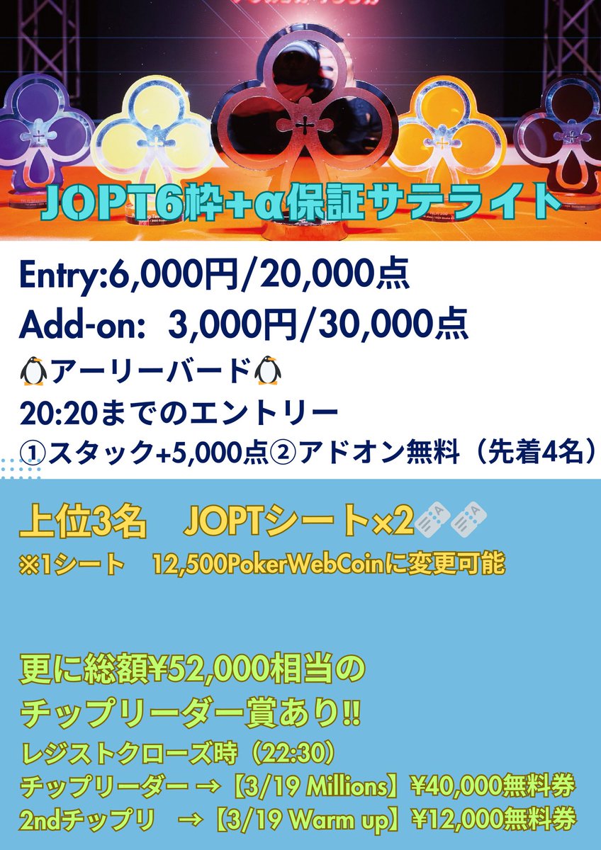 poker_osaka_'s tweet photo. 緊急開催🚨JOPT6枠保証🔥🎟️18:00までに引用リポストで抽選で1名様に無料エントリープレゼント🎁🔥【LP抽選会】Day😆

⚫️3/17（月）

✨JOPT6枠or75,000PWC保証✨
▪︎20:00〜【JOPT6枠+αサテライト】

参加費:6,000円/20,000点
アドオン:3,000円/30,000点
〆切:22:40

🥇🥈🥉
JOPTシート×2🎫🎫
※1シート→12,500PokerWebCoin変更🉑

上位5名【Grand Canyon】5,000円割引券

更に‼︎レジストクローズ時の
チップリーダー→【3/19 Millions】
2ndチップリーダー→【3/19 Warmup】
総額52,000円相当のサイドイベント
無料券をプレゼント🎁

🐧アーリーバード🐧
20:20までにエントリーで
①スタック+5,000点
②アドオン無料（先着4名）

※5名様〜スタート🔥
21:15以降8名様〜スタート▶️