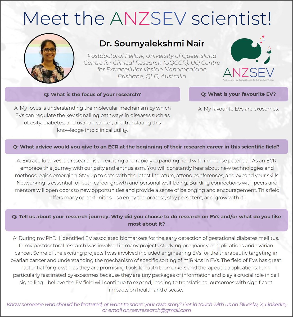 ANZSEV (@anzsevresearch) on Twitter photo Introducing our new monthly newsletter segment:
✨ Meet the ANZSEV scientist! 🔬
Featured in this month's ANZSEV newsletter is <a href="/drsoulek/">Soumyalekshmi Nair</a>, a Postdoctoral Fellow at University of Queensland Centre for Clinical Research (UQCCR)
Join the mailing list today anzsev.org Introducing our new monthly newsletter segment:
✨ Meet the ANZSEV scientist! 🔬
Featured in this month's ANZSEV newsletter is <a href="/drsoulek/">Soumyalekshmi Nair</a>, a Postdoctoral Fellow at University of Queensland Centre for Clinical Research (UQCCR)
Join the mailing list today anzsev.org