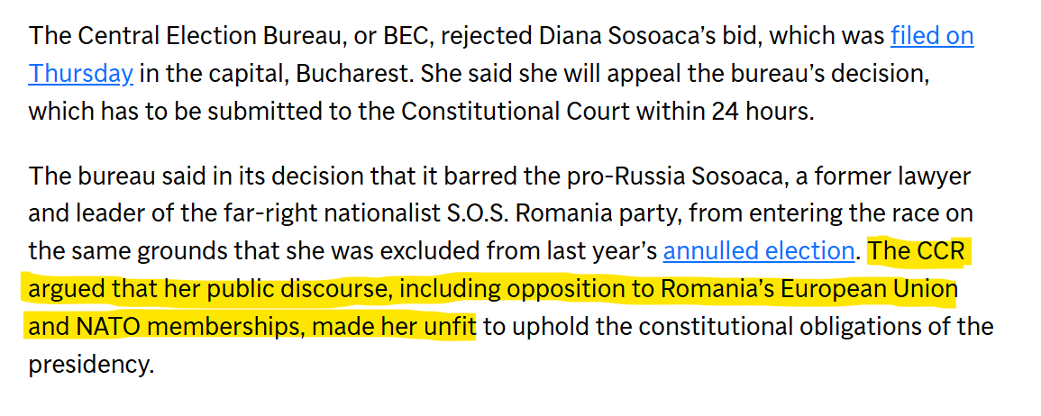 It's official: you can only be a presidential candidate in Romania if you don't oppose the EU or NATO (src: apnews.com/article/romani…). 

"Democracy" in the EU is becoming: you're free to run for office as long as you don't question who really runs the show.