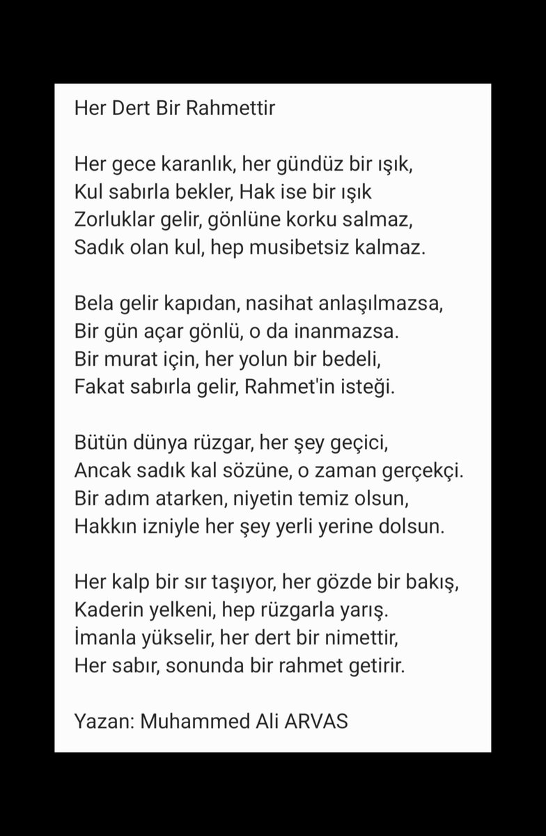 MuhammedArvas10's tweet photo. Bu şiir, insanın dünya hayatındaki imtihanlarını ve sabrın rahmete dönüşmesini anlatan manevi bir yolculuğu resmediyor. https://t.co/sInIOrhCxh