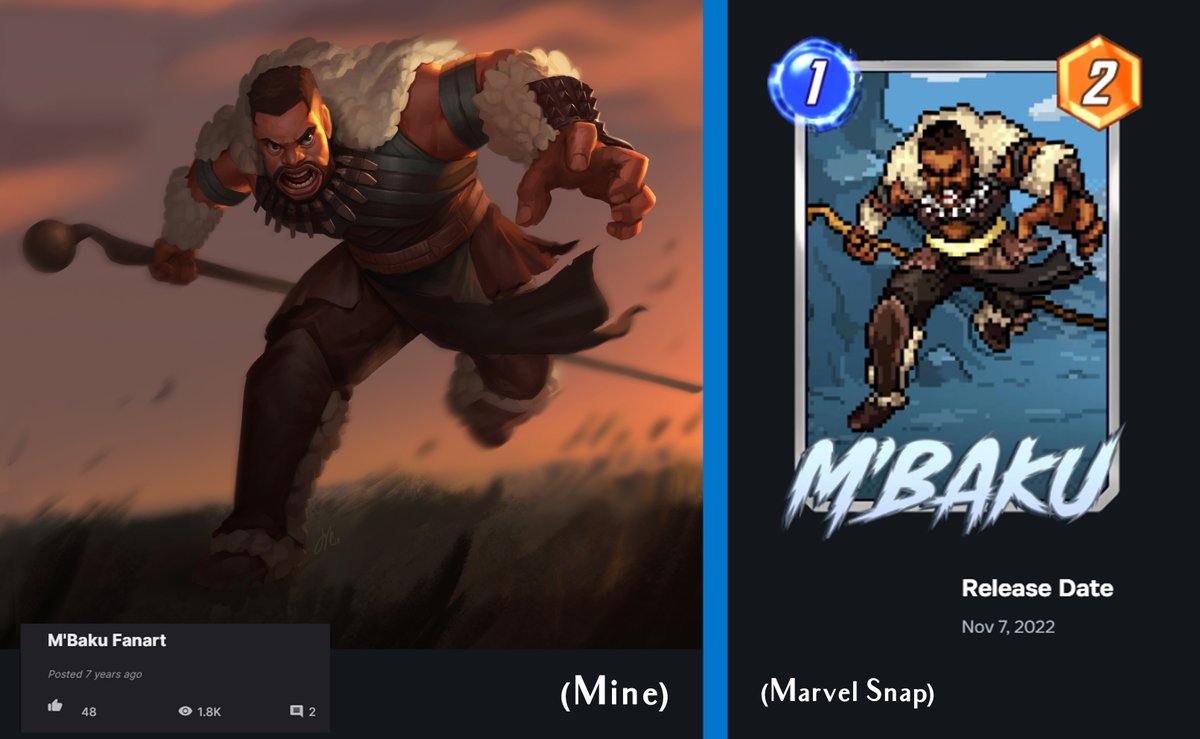 thatjaykart's tweet image. Today i found out that a fanart of Black Panther's M'baku i did wayy back in 2018 was plagiarized in Marvel Snap. 

What's funny, is for the past few months ive been repeatedly emailing Marvel Snap asking if i can work for them with no response ever lol