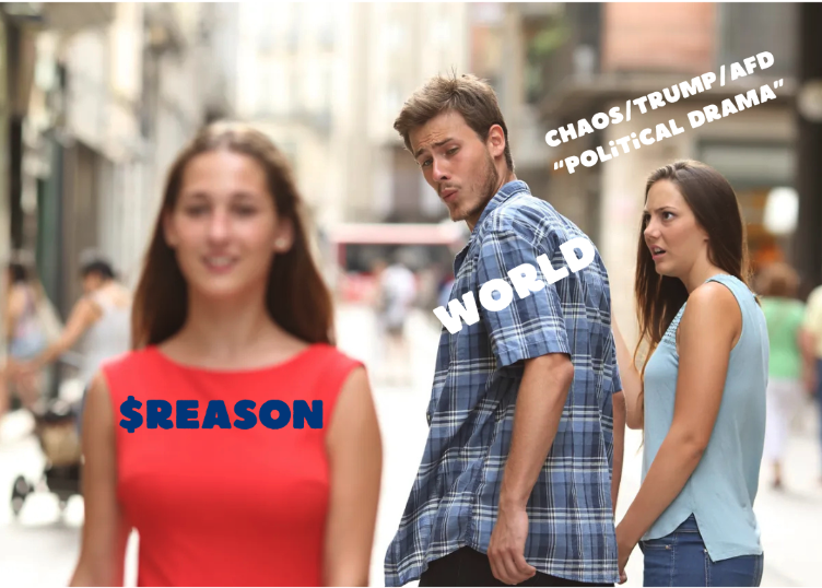 Reason_coin's tweet photo. 😂 World’s distracted by chaos? $REASON brings the vibes! 🌈 Follow @Reason_coin for more fun. Check: https://t.co/4ShTk7ki7z #MemeCoin #Solana #SolanaAirdrop #solanamemecoin #CryptoRewards #politicalmeme #memecoin https://t.co/apdMHbbZUa
