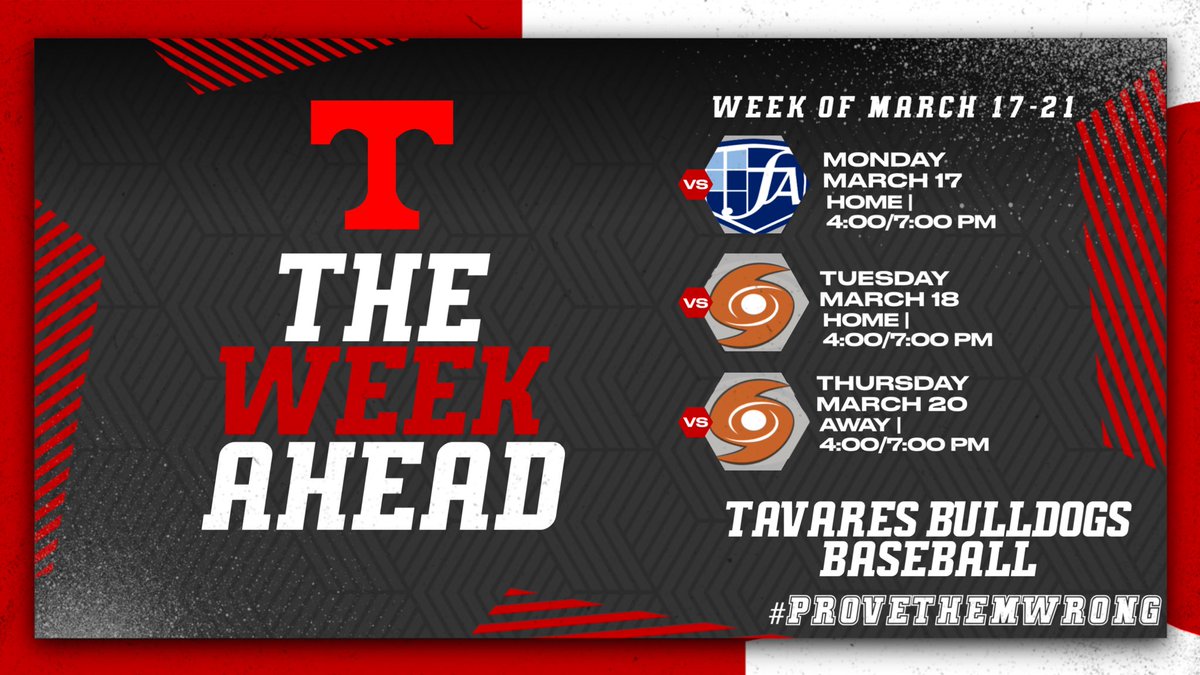 🚨BACK IN ACTION🚨

After a restful Spring Break, the Dawgs are back in action with 3 games this week. Home games slated against Foundation Academy and Mount Dora, Monday &amp; Tuesday, and an away game at Mount Dora on Thursday. 🔴⚪️

#ProveThemWrong #TavaresBaseball