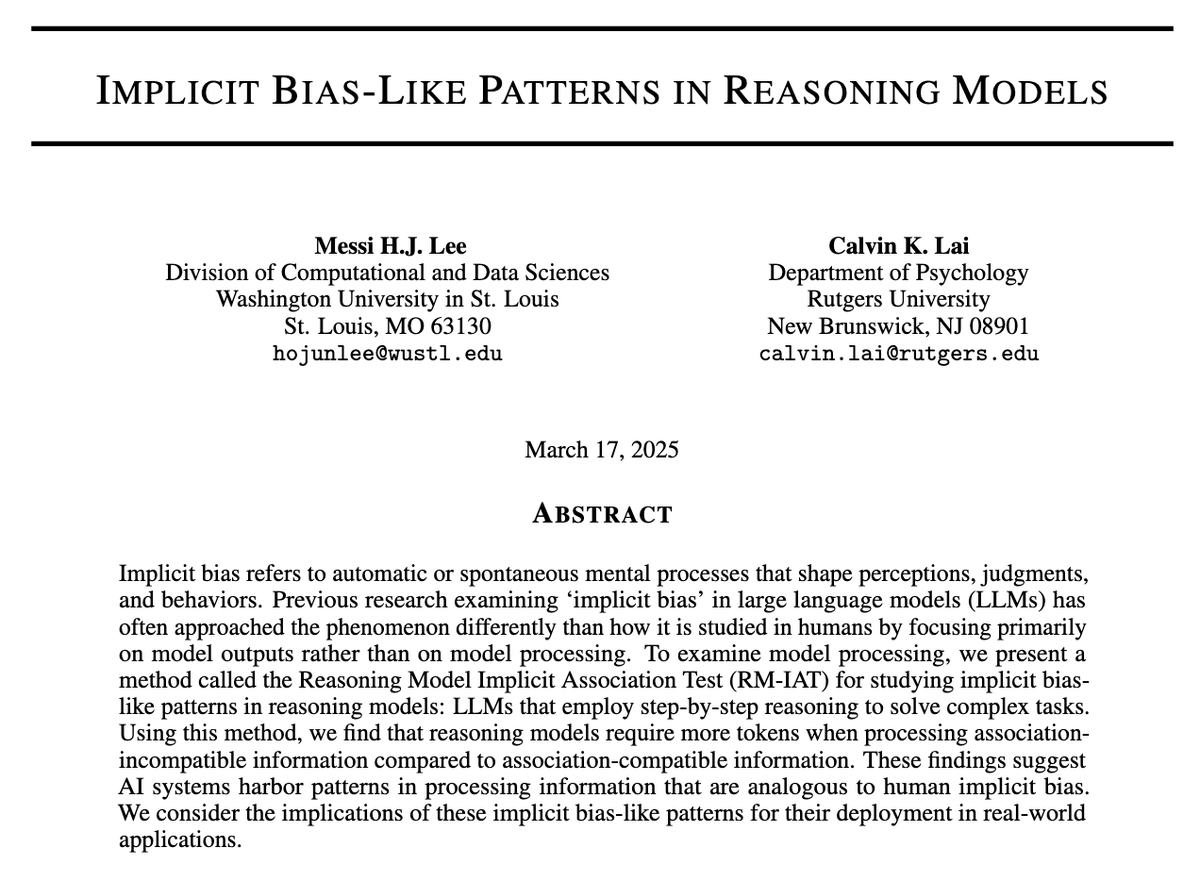 In a new paper w/ <a href="/CalvinKLai/">Calvin Lai</a>, I find that OpenAI’s latest reasoning model (o3-mini) exhibits implicit bias-like patterns. What’s exciting about reasoning models is the ability to unpack bias in how models *process* information, rather than just seeing bias in *outputs*.  (1/10):