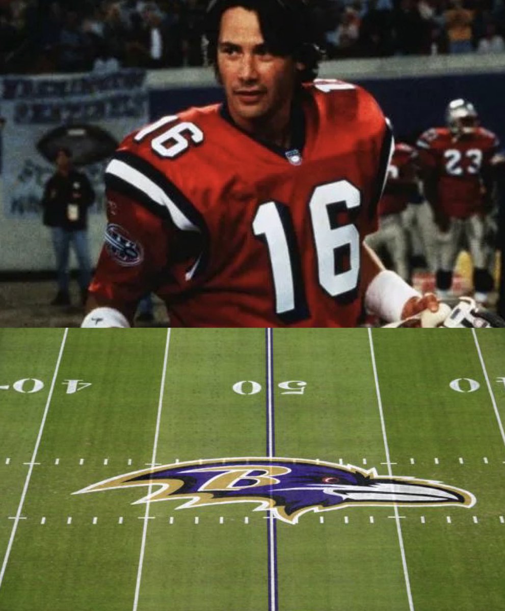 MLFootball's tweet photo. 🚨REPORT: Actor Keanu Reeves was allegedly invited to workout for the Baltimore #Ravens as a quarterback after filming the movie The Replacements.

Reeves, who played quarterback Shane Falco in the movie, was elite at throwing the ball.

🤯 https://t.co/UUxXOuxHnZ